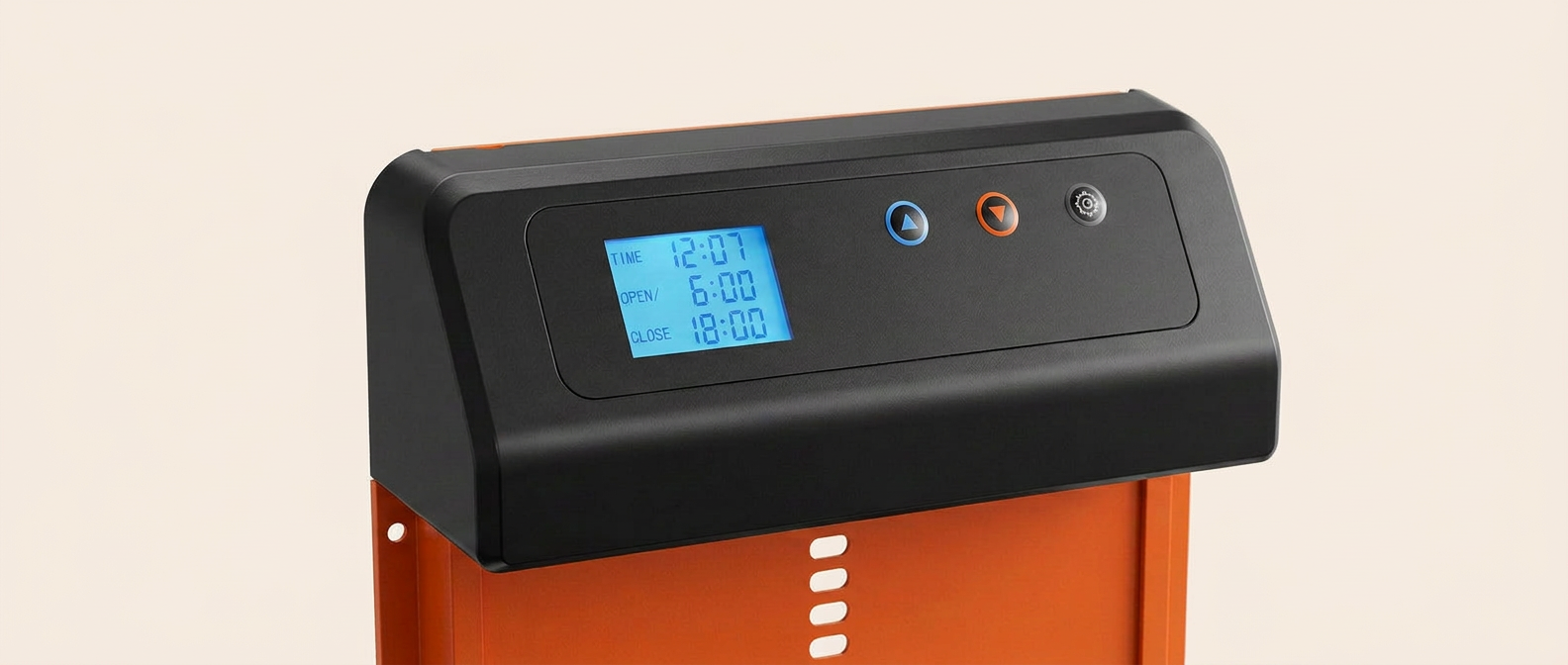 Écran LCD et programmation horaire de la porte CLARIS Horizon, sur fond crème